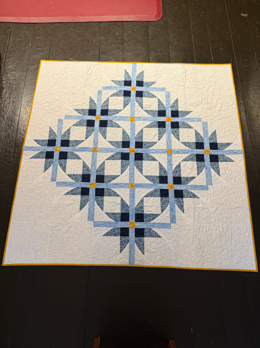Cathedral Stars Handmade Quilt | 60” x 59.5” | Modern Blue & White Lap Quilt | One-of-a-Kind Quilted Throw